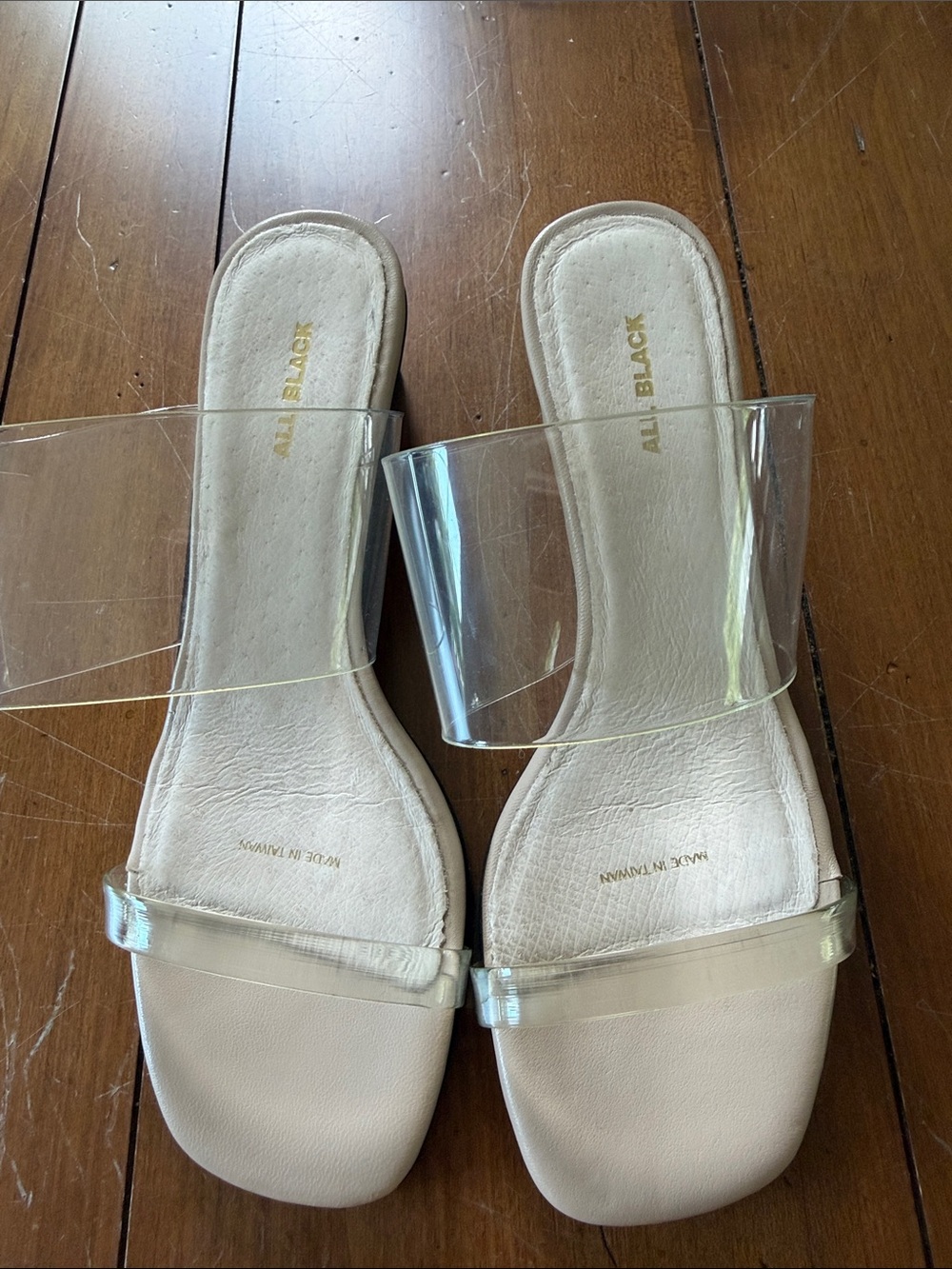 Clear-Strap Slide Sandal Heels with Beige Footbed by All Black